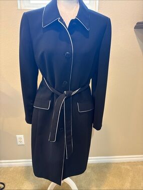 Kasper Black Trench Coat with White Piping